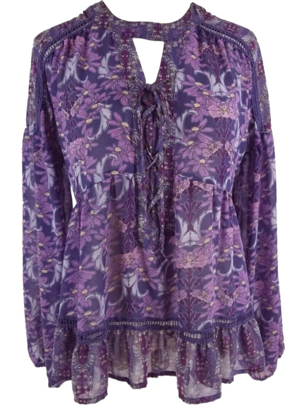 Purple Floral Lace Up Long Sleeve Blouse with Ruffle Hem
